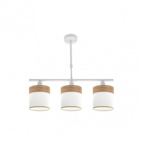 LAMPARA DE TECHO ALARGADA BLANCO MADERA CLARA CLOE. Lampara Cloe metal blanco 3 luces y pantallas de tela en blanco y natural