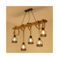 LAMPARA DE TECHO RUSTICA CON CUERDA , MADERA Y FORJA 5 LUCES