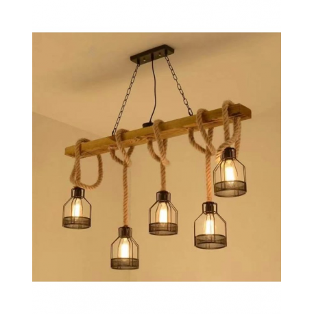 LAMPARA DE TECHO RUSTICA CON CUERDA , MADERA Y FORJA 5 LUCES