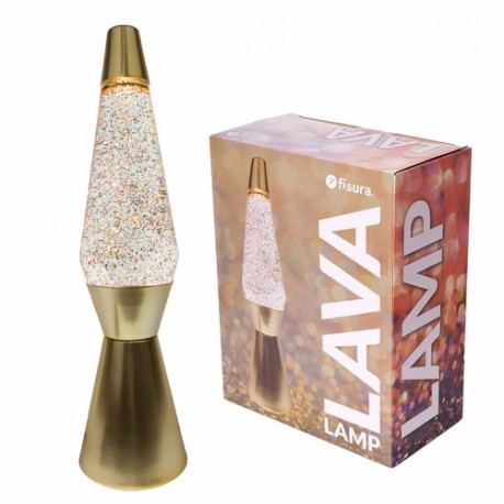 LAMPARA LAVA BULLET CON PURPURINA Y BASE ORO MATE