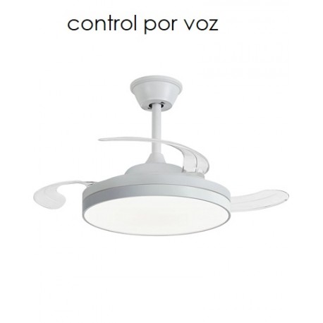 LÁMPARA VENTILADOR DE TECHO SILENCIOS CON COTROL POR VOZ BLANCO DAKOTA. Ventilador inteligente de aspas retráctiles LED. Función