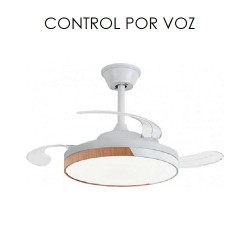LÁMPARA VENTILADOR DE TECHO SILENCIOS CON COTROL POR VOZ BLANCO-MADERA DAKOTA. Ventilador inteligente de aspas retráctiles LED. 