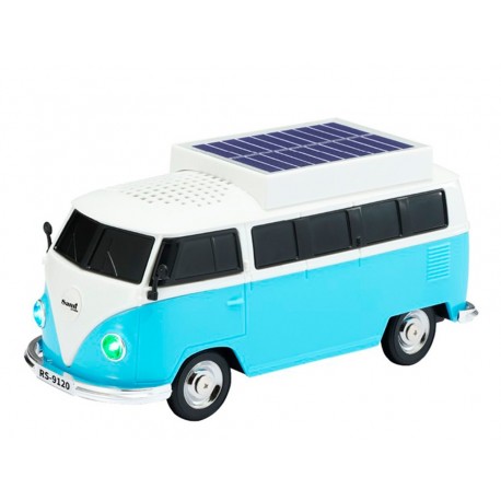 FURGONETA HIPPIE AZUL VINTAGE SOLAR CON ALTAVOZ Y RADIO INALÁMBRICO